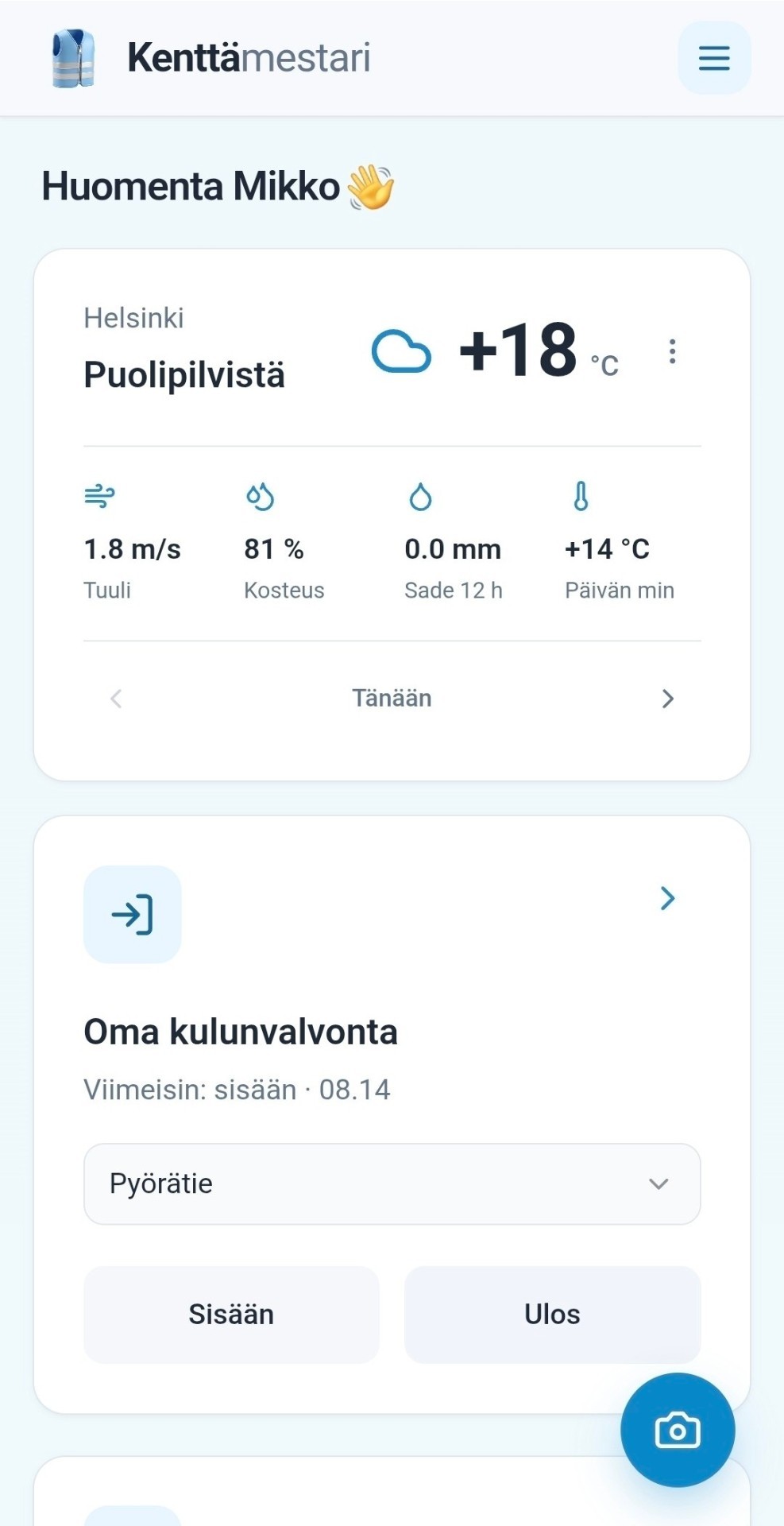 Kenttämestari-sovelluksen etusivu puhelimessa