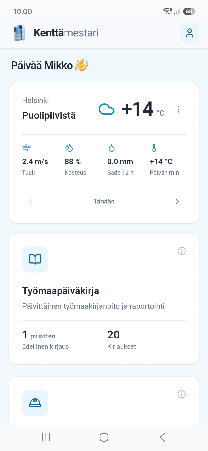 Kenttämestari-sovelluksen etusivu puhelimessa